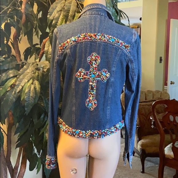One of a kind: Turquoise Beaded jean jacket with cross on back - Picture 6 of 8